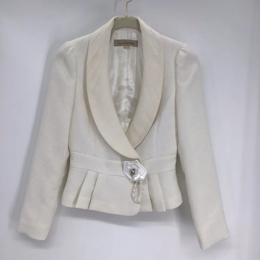 E’cole De Paris Women’s Crepe Blazer Formal Jacket Flower Detail Ivory Size S